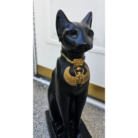 Ancient Egyptian Sitting Black and Gold Bastet Cat Figurine Egypt 13 1/2" - Picture 2 of 12